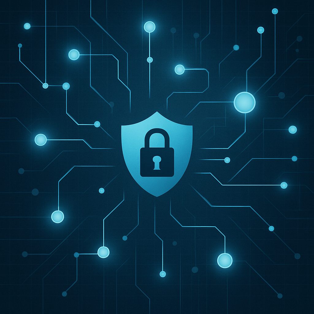 Integrated Cybersecurity Cybersecurity illustration showing a shield protected by a glowing node network