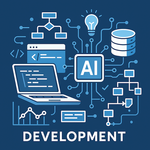 Custom Software and AI-Driven Development Stylized illustration of software development with AI-enhanced tools, including code, data flow, and collaboration elements