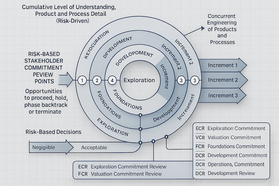 Incremental Commitment Spiral Model (ICSM) Visual representation of the ICSM life cycle with phases including Exploration, Valuation, Foundations, Development, and Operations in a layered spiral format